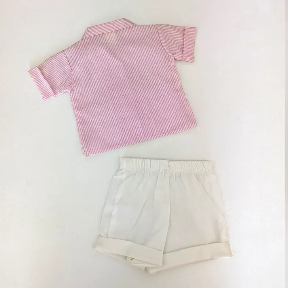 Vintage Clowns Inc Outfit Baby Girls Sz 6-9m Pink Stripe Button Down Shorts